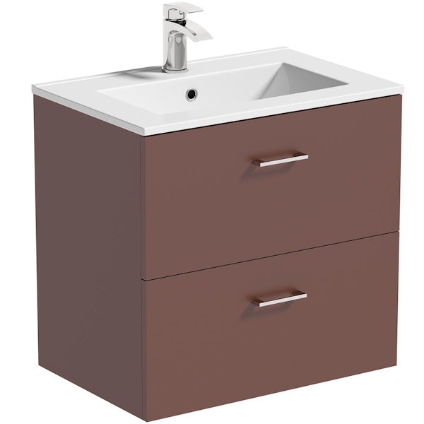 Orchard Lea tuscan red wall hung vanity unit 600mm and Derwent square close coupled toilet suite