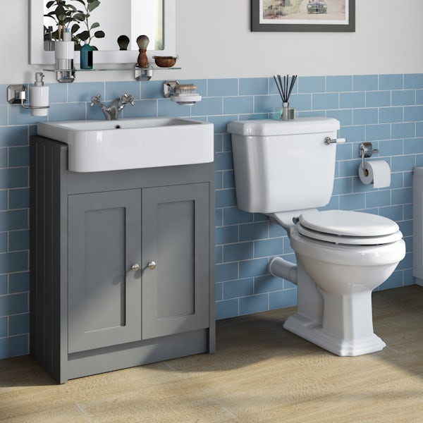 Orchard Dulwich close coupled toilet with white seat and stone grey vanity unit suite 600mm