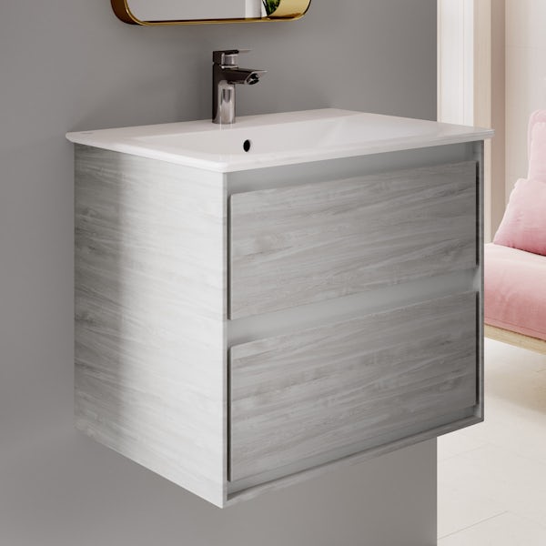 Ideal Standard Concept Air complete left hand wood light grey and Idealform Plus shower bath suite 1700 x 800