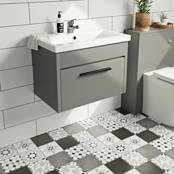 Clarity white floorstanding vanity unit with black handle and ceramic basin 760mm