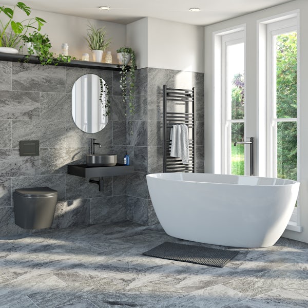 Mode Orion complete bathroom suite with contemporary charcoal grey wall hung toilet and 1700 x 806 freestanding bath