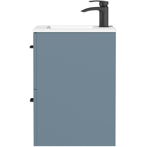 Orchard Lea ocean blue wall hung vanity unit with black handle and ceramic basin 600mm