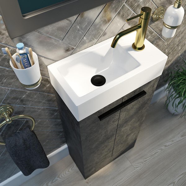 Clarity Compact riven grey floorstanding vanity unit with black handles and basin 410mm