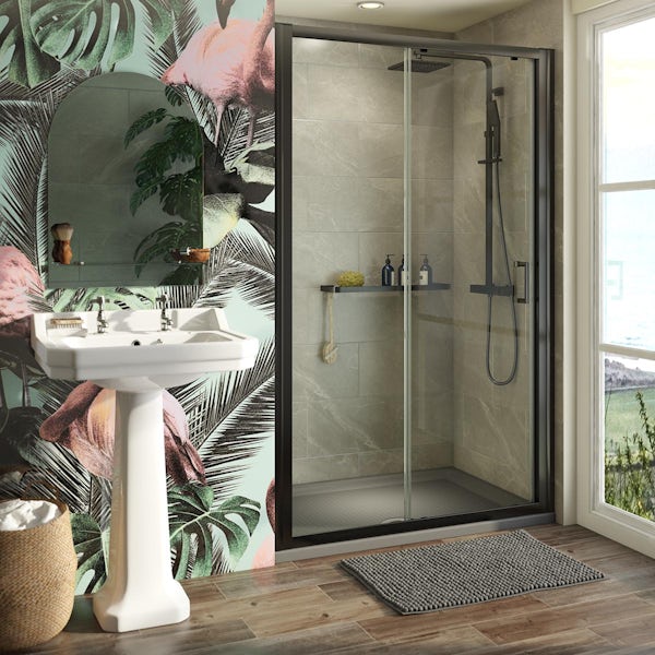 Mode 6mm matt black shower door with grey anti slip shower tray 1200 x 800