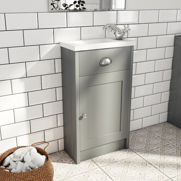 The Bath Co. Dulwich stone grey cloakroom unit with traditional close coupled toilet and white seat