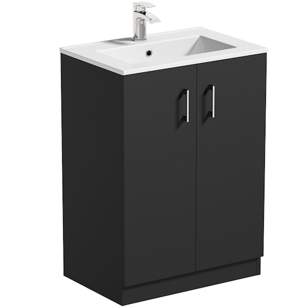 Orchard Lea soft black floorstanding vanity unit 600mm and Derwent square close coupled toilet suite