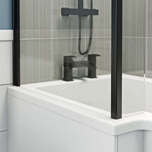 Orchard L shaped left handed shower bath with 6mm matt black shower screen