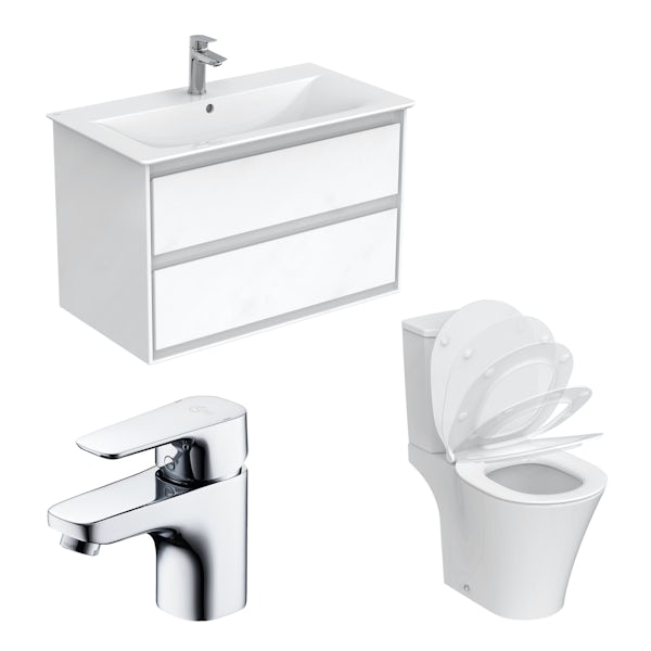 Ideal Standard Concept Air gloss and matt white vanity unit with open back close coupled toilet with free tap