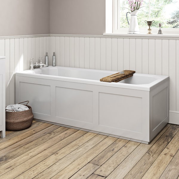 The Bath Co. square edge Camberley bath with white wooden traditional bath panel 1700 x 700