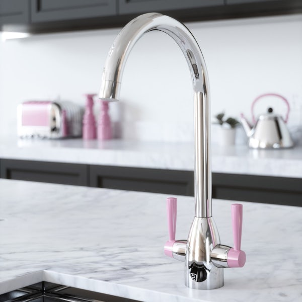 The Tap Factory Vibrance kitchen mixer tap with chrome and pink finish
