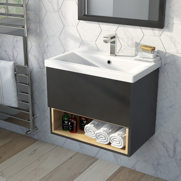 Mode Tate anthracite black & oak wall hung vanity unit with basin 600mm
