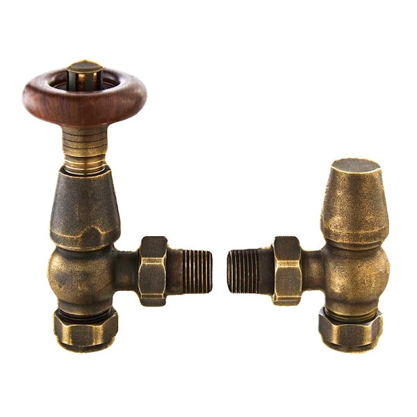 The Heating Co. Traditional thermostatic angled radiator valves with lockshield - antique brass