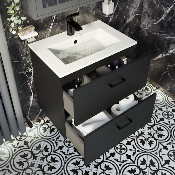 Orchard Lea soft black wall hung vanity unit with black handle and ceramic basin 600mm