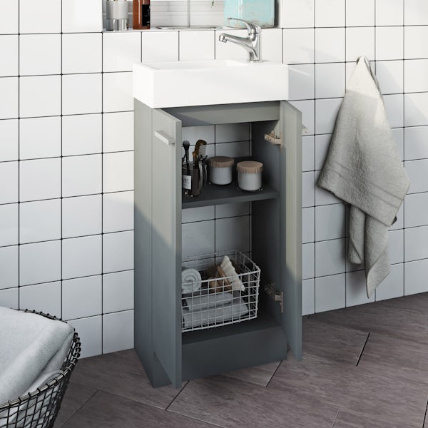 Clarity Compact satin grey floorstanding vanity unit and basin 410mm with tap
