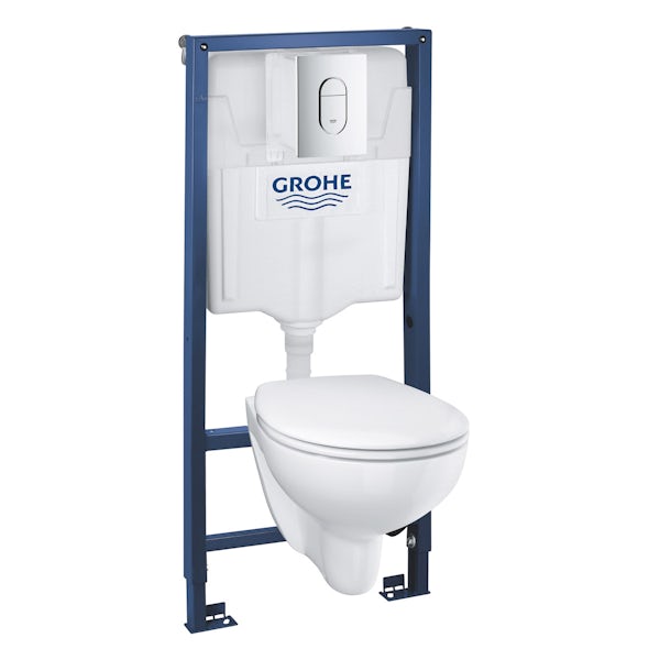 Grohe Bau wall hung toilet with soft close seat and wall mounting frame and Arena flush plate