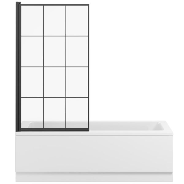 Orchard straight edged shower bath with black framed screen, front and end panel