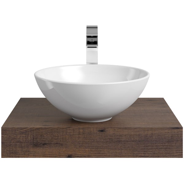 Mode Orion chestnut countertop shelf with Derwent basin, tap and waste