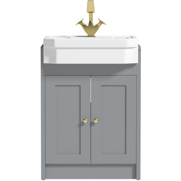 Orchard Dulwich stone grey floorstanding vanity unit and Eton semi recessed basin 600mm - brushed brass