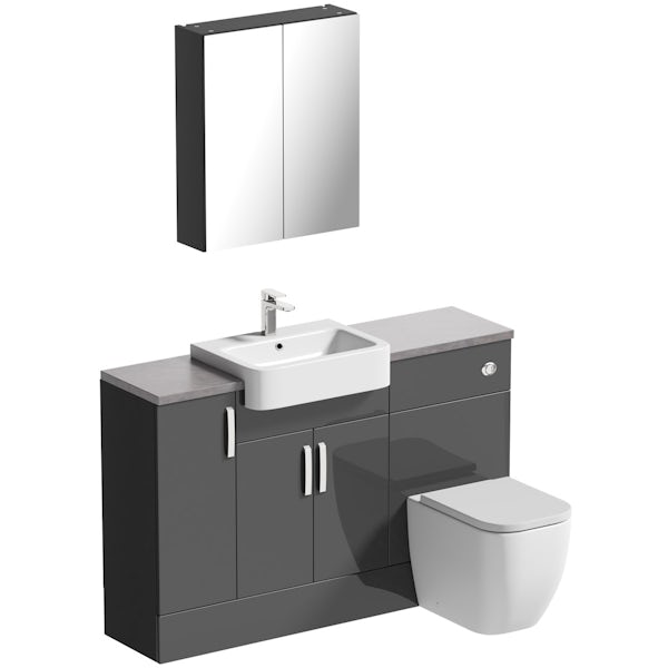 Mode Nouvel gloss grey small fitted furniture & mirror combination with mineral grey worktop