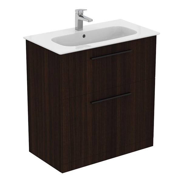 Ideal Standard i.life A coffee oak floorstanding vanity unit with 2 drawers and black handles 840mm
