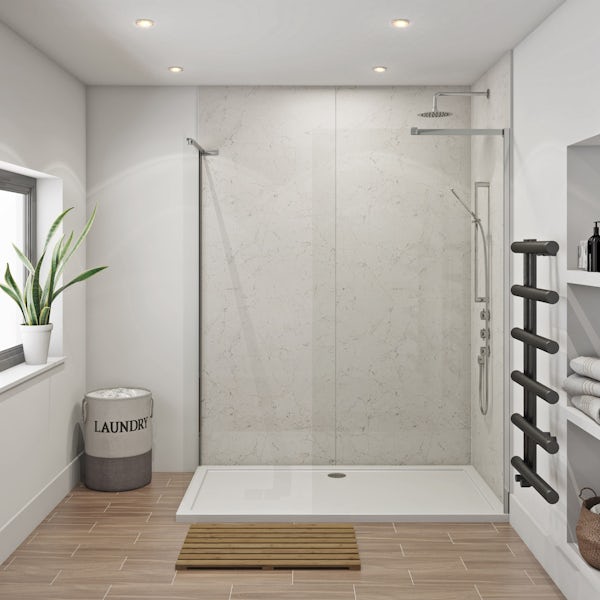 Mode 8mm walk in shower enclosure pack 1700 x 700 with Multipanel Classic Marble shower wall panels