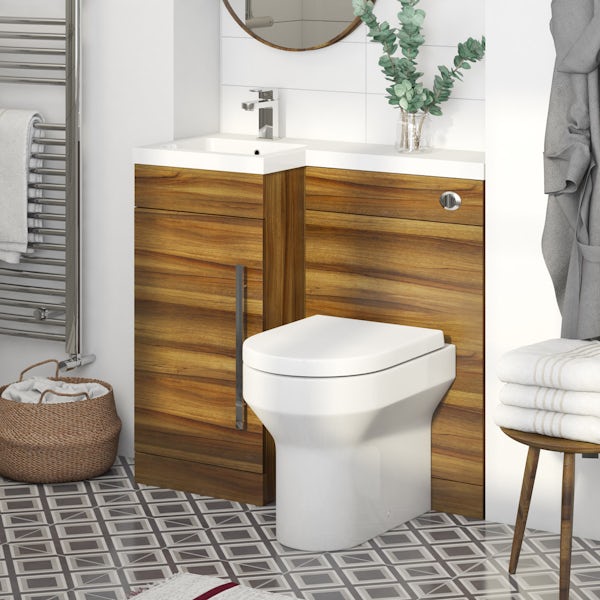 MySpace Walnut left handed unit with Oakley back to wall toilet