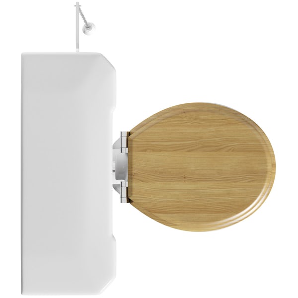 The Bath Co. Camberley high level toilet with wooden soft close seat oak effect with pan connector