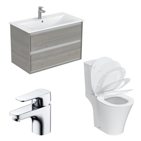Ideal Standard Concept Air wood light grey vanity unit with open back close coupled toilet with free tap