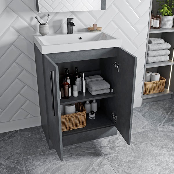 Orchard Kemp riven grey floorstanding vanity unit with black handles and basin 600mm