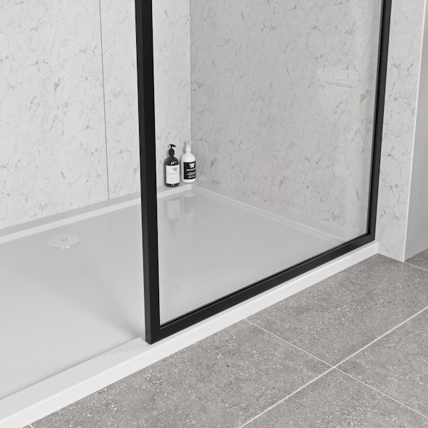 Orchard 6mm black framed wet room glass screen with walk in tray 1400 x 900