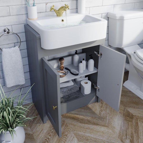 Orchard Dulwich stone grey floorstanding vanity unit and semi recessed basin 600mm - brushed brass