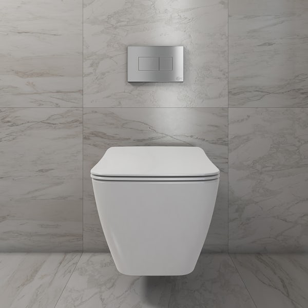 Ideal Standard Strada II wall hung toilet with soft close seat, concealed cistern, push plate and brackets