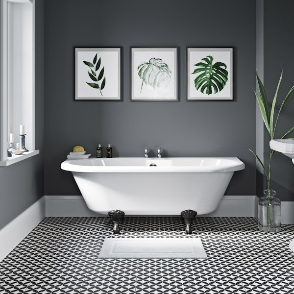 The Bath Co. Dulwich back to wall roll top bath with black ball and claw feet 1700 x 750