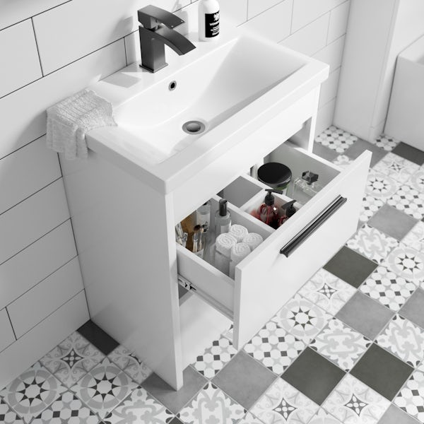 Clarity white floorstanding vanity unit and ceramic basin 600mm with tap and black handles