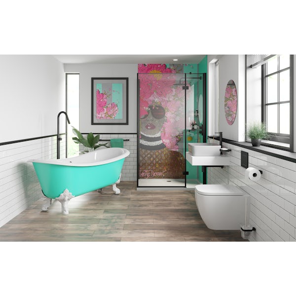 Louise Dear Kiss Kiss Bam Bam Green bathroom suite with freestanding bath and black shower enclosure