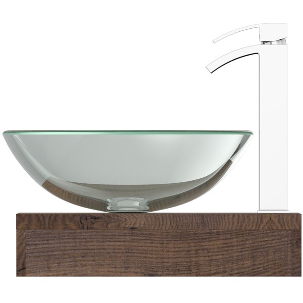Mode Orion chestnut countertop shelf with Mackintosh basin, tap and waste