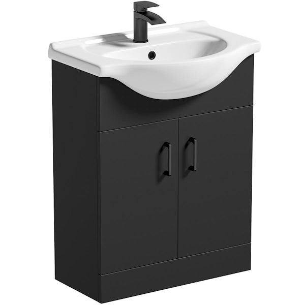 Orchard Lea soft black floorstanding vanity unit with black handle and ceramic basin 650mm