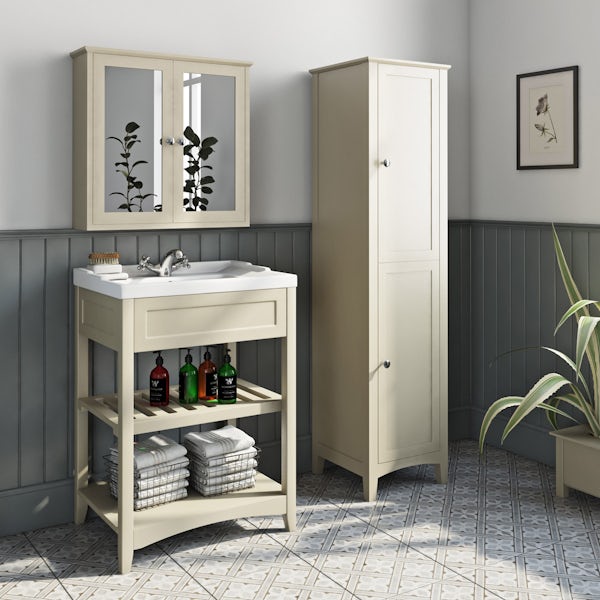 The Bath Co. Camberley satin ivory furniture package with tall storage unit
