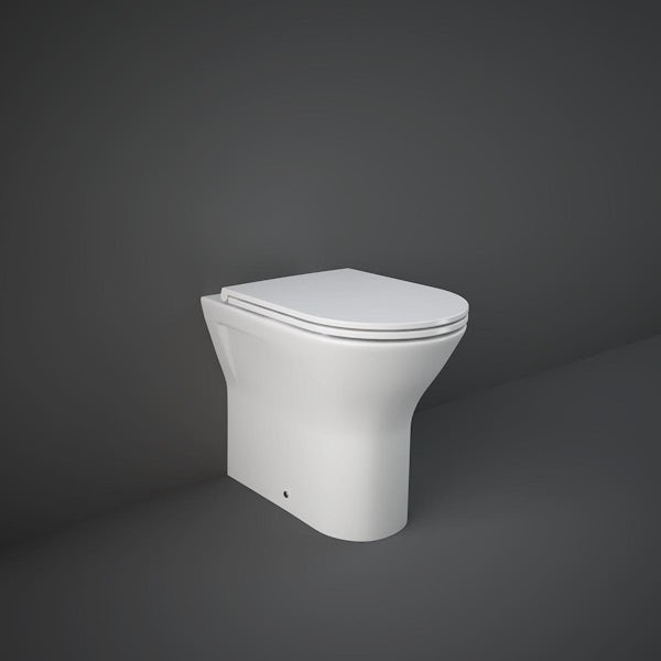 RAK Resort rimless extended comfort height back to wall toilet and slim soft close seat