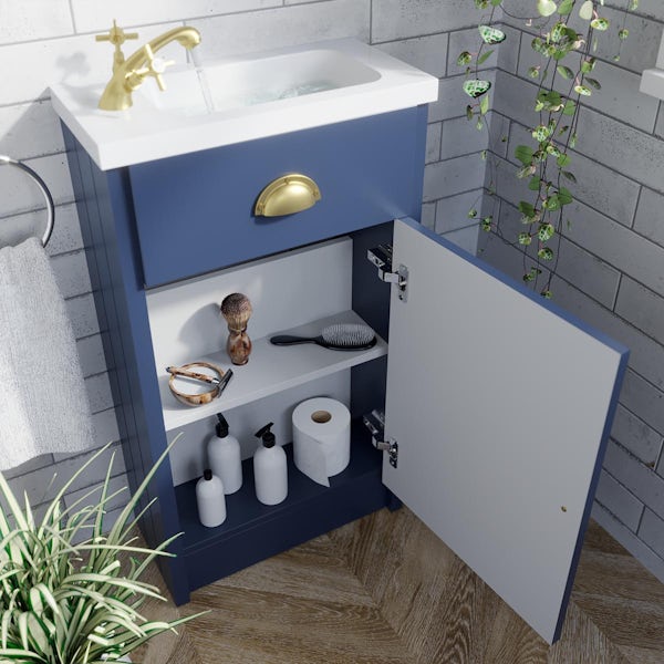 Orchard Dulwich navy cloakroom floorstanding vanity and basin 460mm - brushed brass