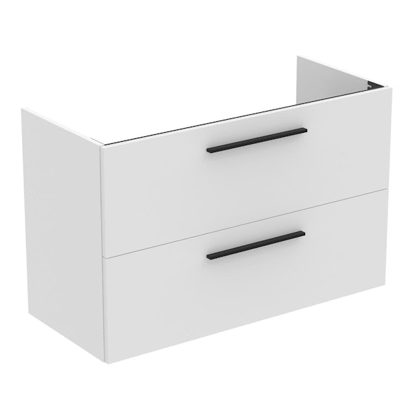 Ideal Standard i.life A matt white wall hung vanity unit with 2 drawers and black handles 1040mm