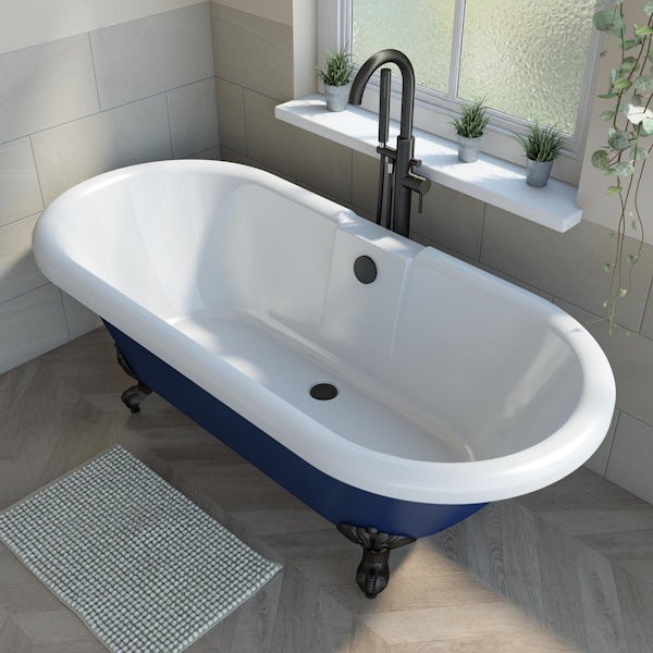 Orchard Dulwich navy double ended roll top bath and tap pack with matt black ball and claw feet