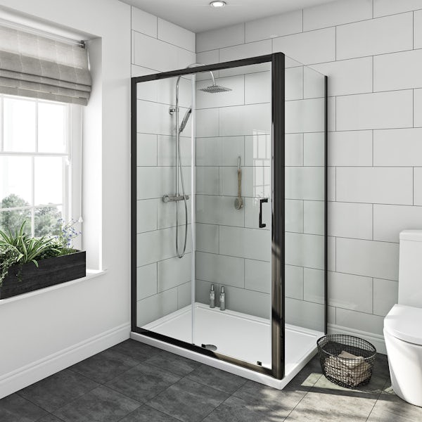 Mode black 6mm sliding shower enclosure with black slate effect tray 1200 x 800