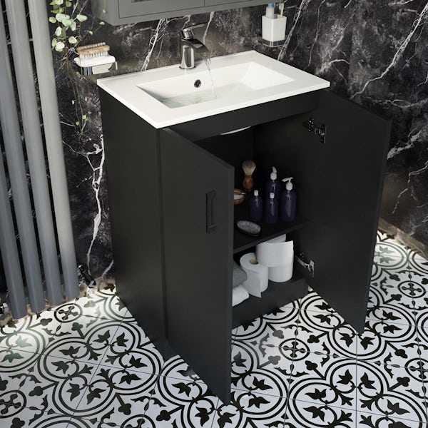 Orchard Lea soft black floorstanding vanity unit 600mm and Derwent square close coupled toilet suite
