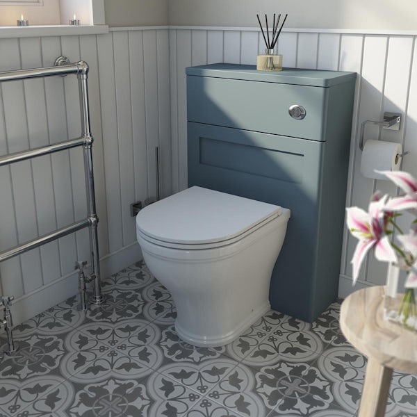 The Bath Co. Aylesford mineral blue back to wall unit and rimless toilet with soft close seat