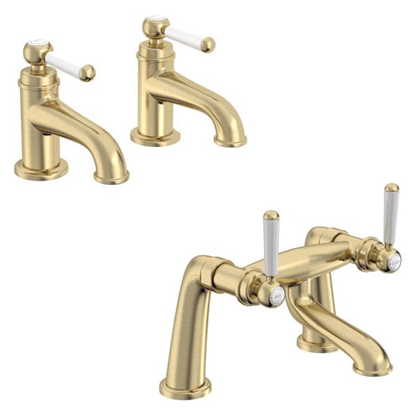 The Bath Co. Aylesford Vintage brushed brass basin and bath pillar tap pack