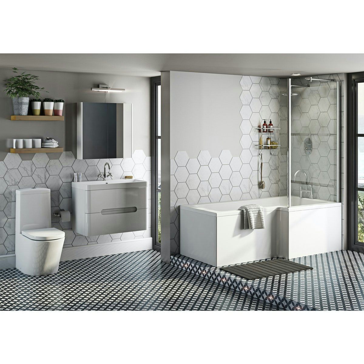 Mode Tate right hand shower bath 1700 x 850 suite with white wall hung unit 800mm