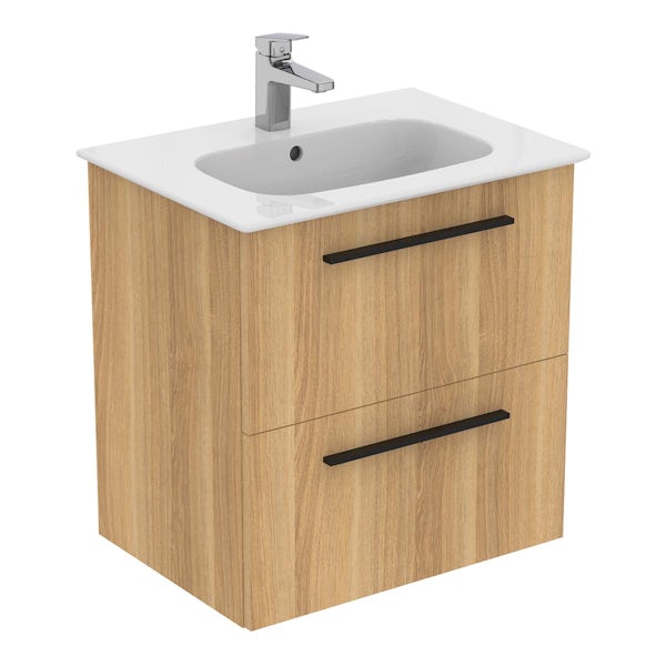 Ideal Standard i.life A natural oak wall hung vanity unit with 2 drawers and black handles 640mm