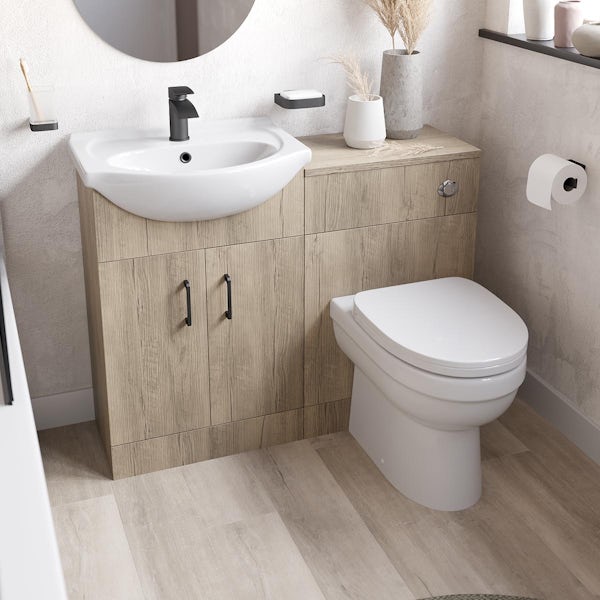 Orchard Lea oak furniture combination with black handle and Eden back to wall toilet with seat