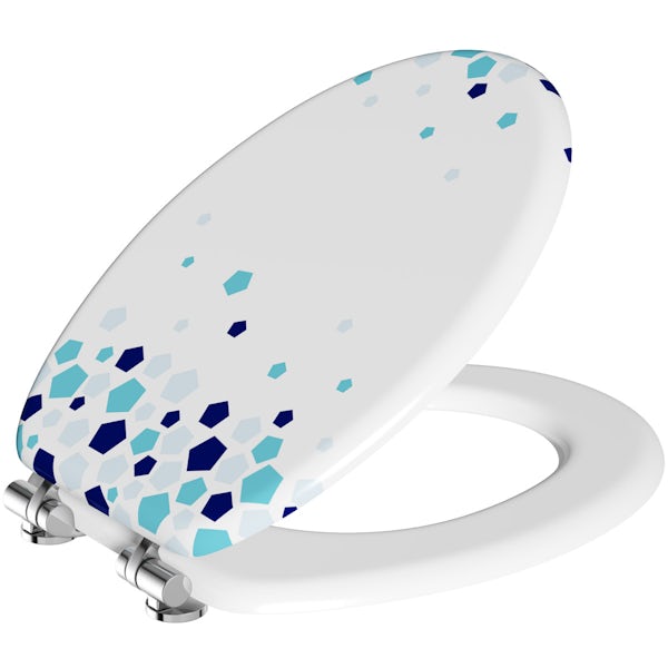 Blue and white hex acrylic toilet seat with soft close quick release hinge
